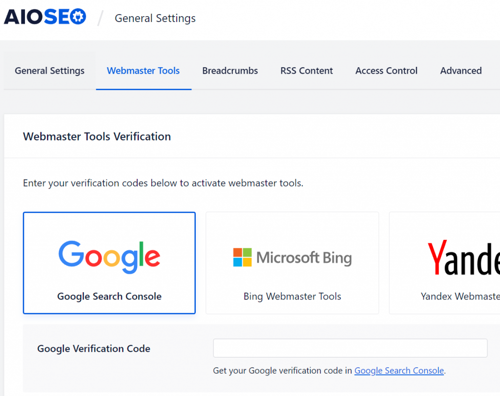 Google Search Console Code in Allinone SEO Plugin