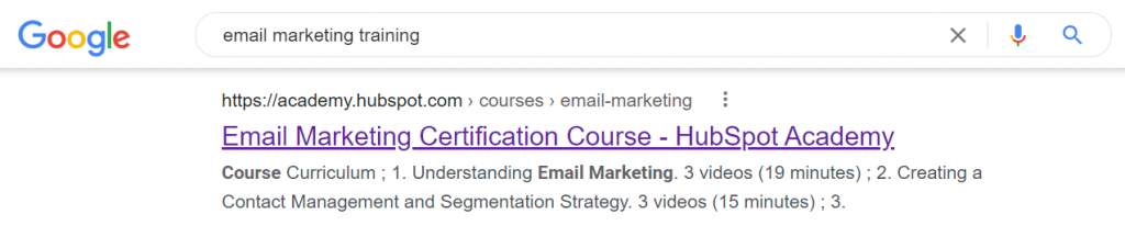 Google Search Results for Email Marketing Training