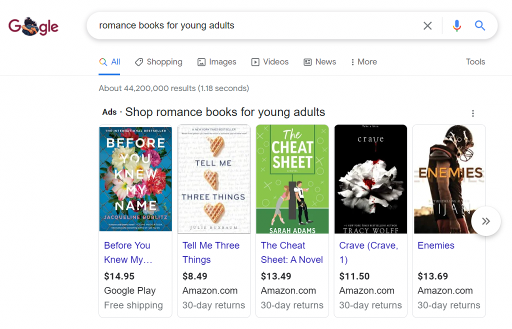 Google Search Results for romance novel books