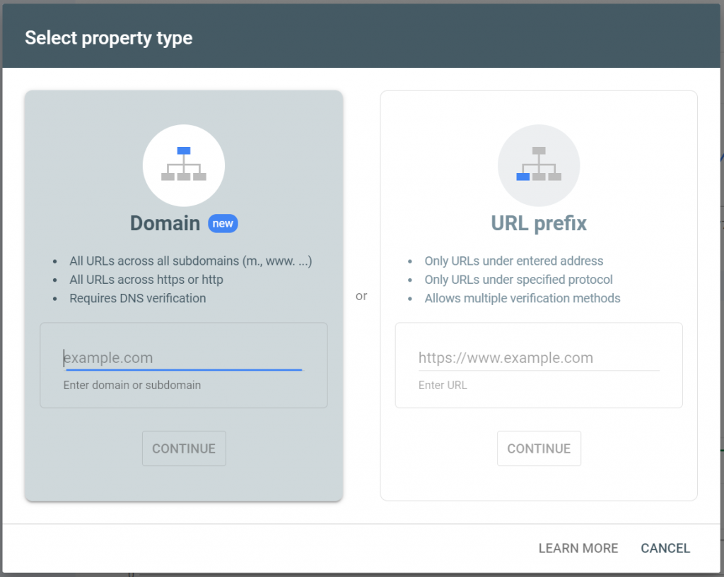 Select a Property Type: Domain or URL Prefix