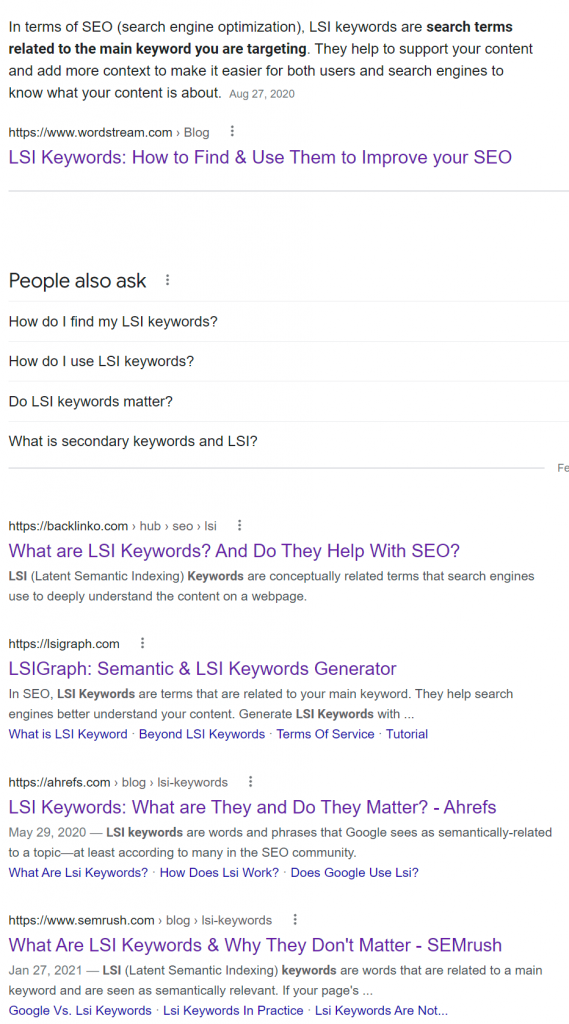 Top 5 Google Search Results for LSI Keywords