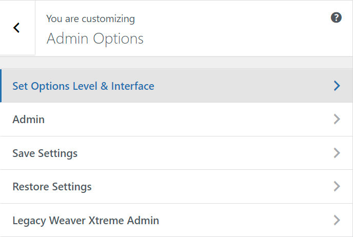 Admin Options - Link for Set Options Level & Interface