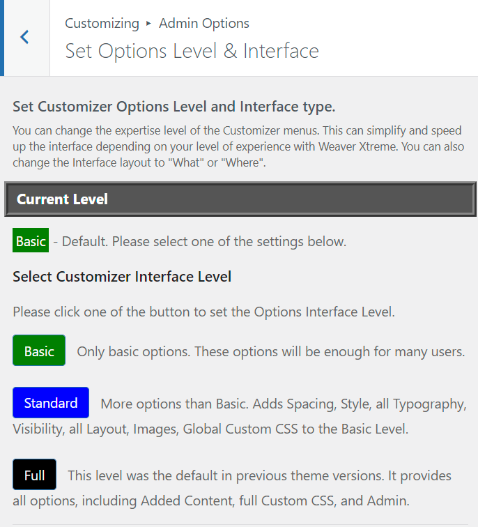 Customizer Interface Level Selection